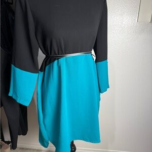 Forever 21 Black and Teal Colorblock Long-Sleeve Dress